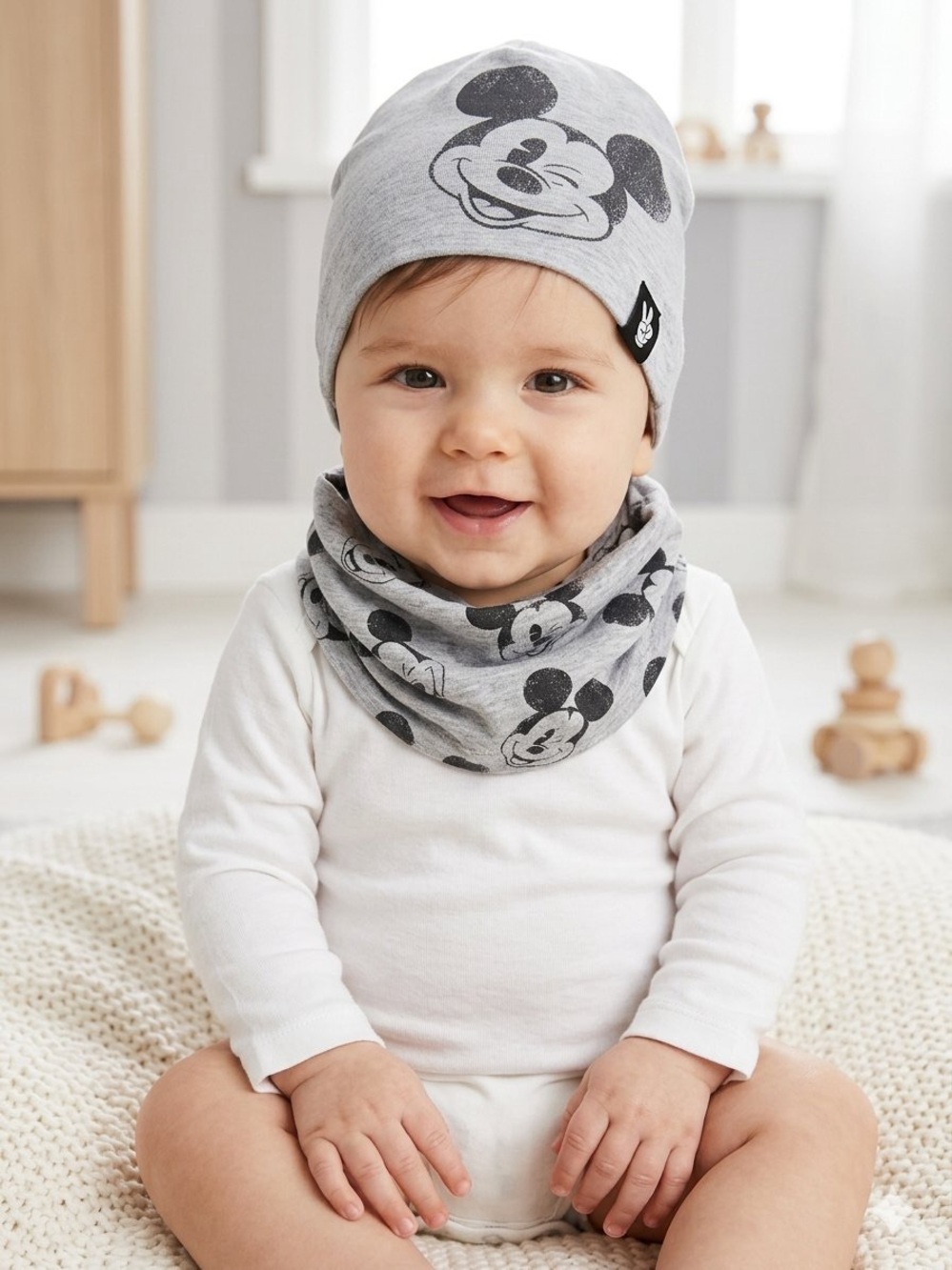 H&M Disney Mickey Mouse Baby Beanie Hat & Neck Scarf Warmer Set Grey EUC 2-6MOS